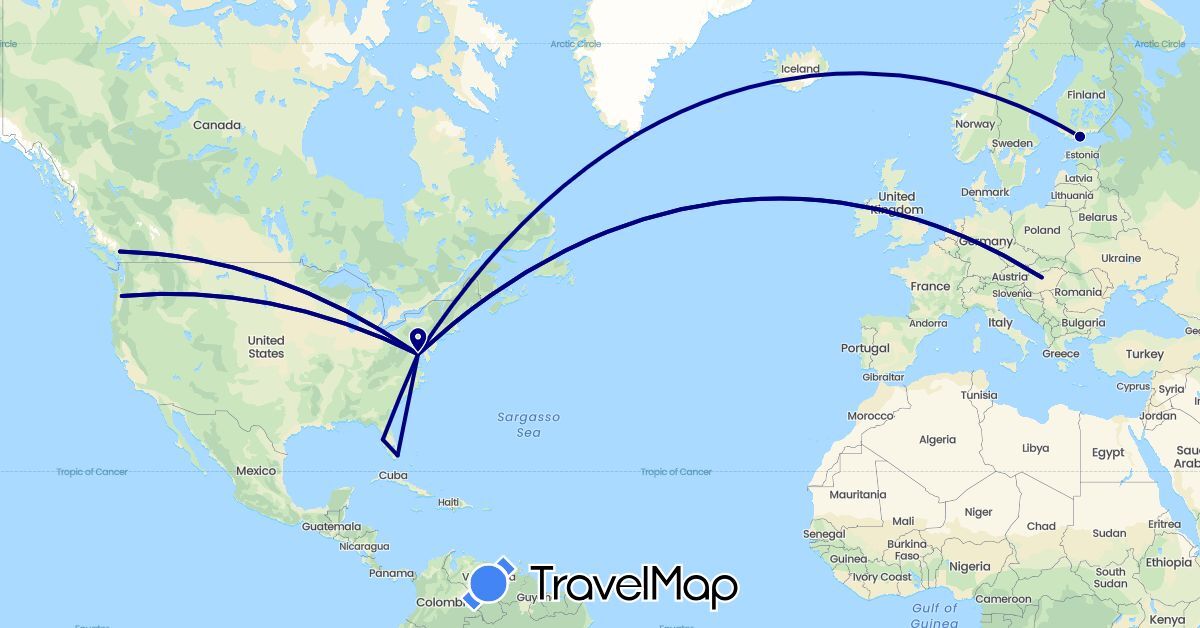 TravelMap itinerary: driving in Canada, Finland, Hungary, United States (Europe, North America)